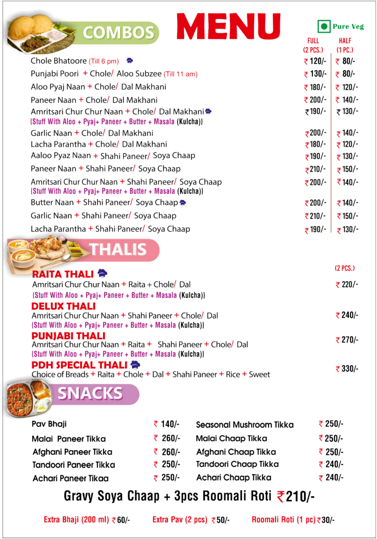 Prem Di Hatti menu — combos, thalis and snacks